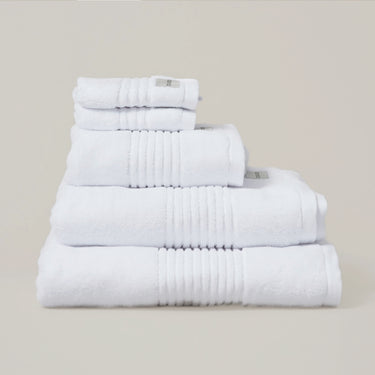 White eco friendly bamboo towel bale - face cloths, hand towel, bath towel, and bath sheet.