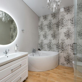 Modern bathroom interior with washstand and mirror against glass wall